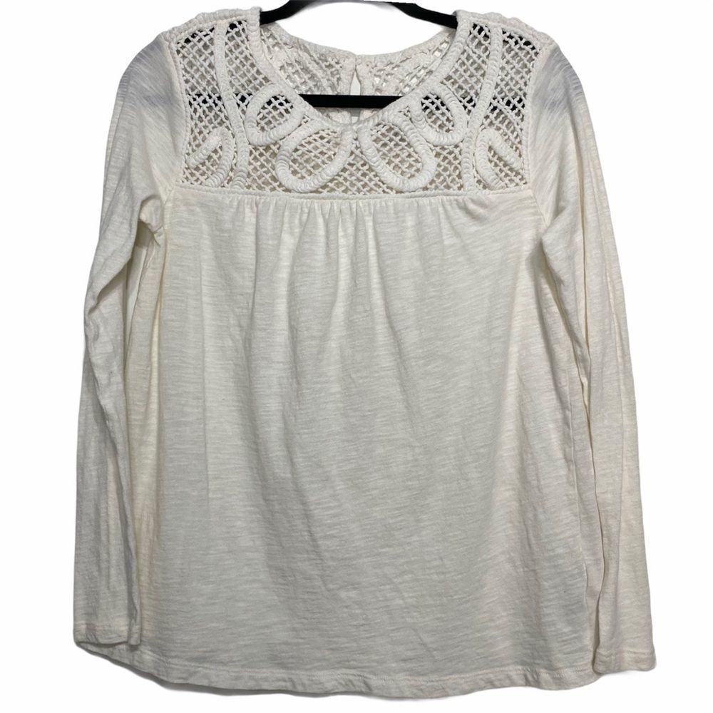 Gap Crochet Neckline Cream Long Sleeve‎ Top  Womens XS 100% Cotton